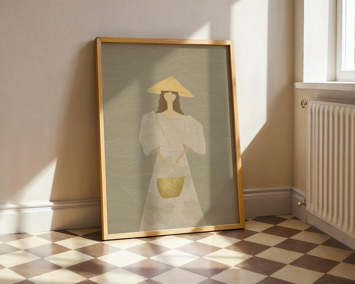 Filipina Woman White Dress Woven Basket Conical Hat Heritage Poster Art