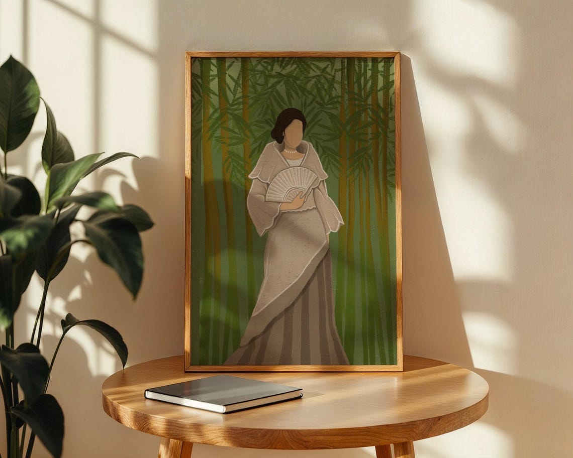 Maria Clara Filipiniana Fan Bamboo Portrait Illustration Print