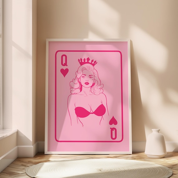 Pinup Girl Queen Of Hearts Art Print Retro Pink Dorm Decor Digital Download