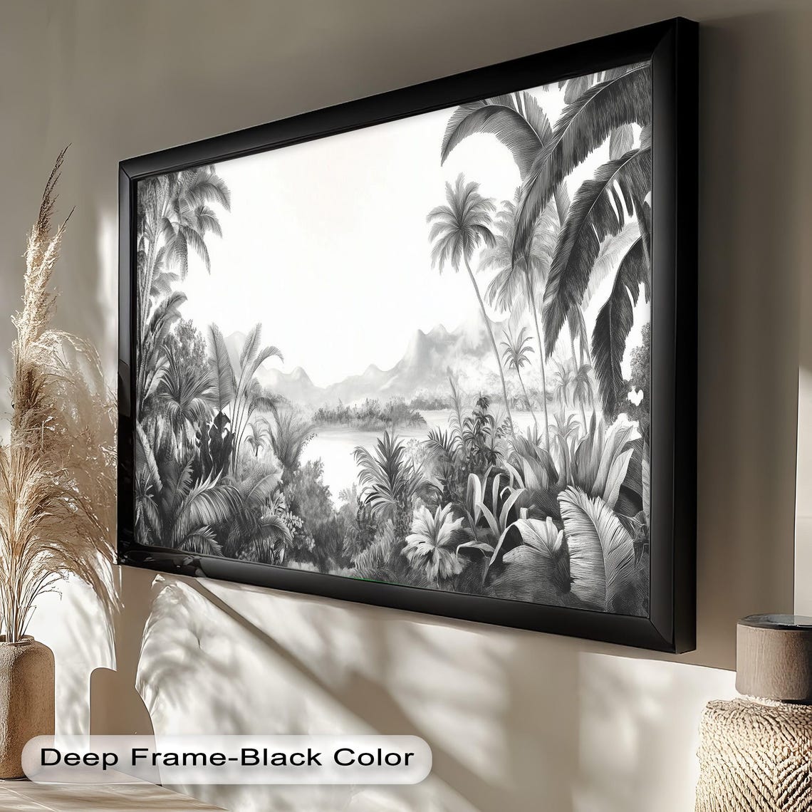 Black And White Jungle Tropical Landscape Art Print - Image 2