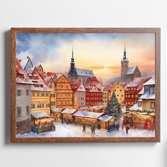 European Christmas Market Snowy Old Town Watercolor Winter Holiday Poster