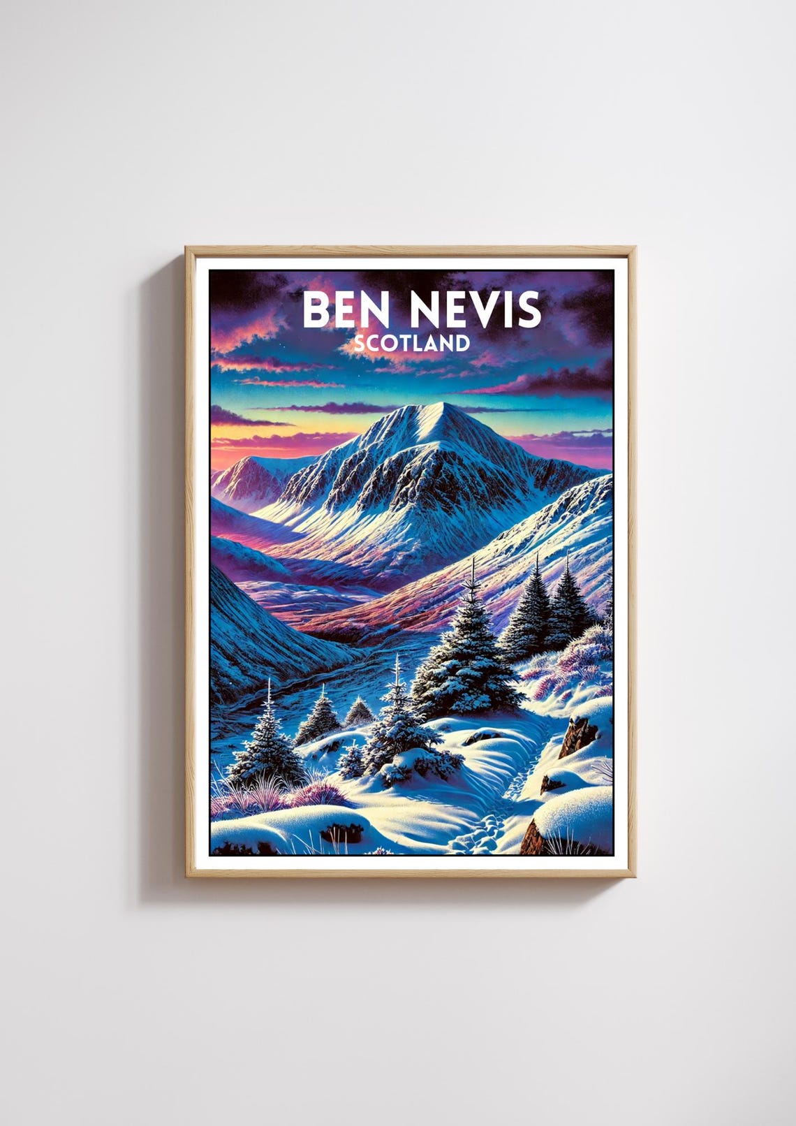 Ben Nevis Scotland Highest Mountain Snowy Winter Vintage Poster