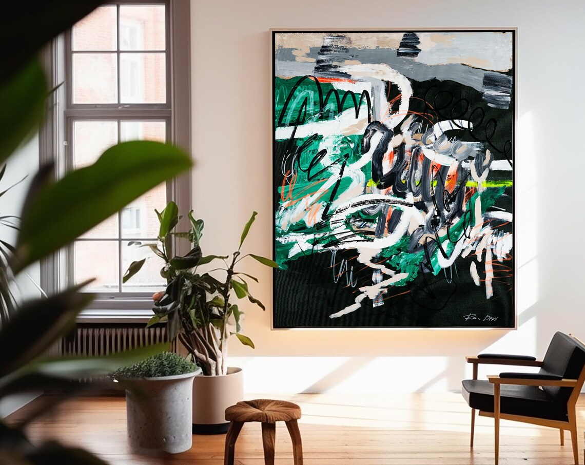 Energetic Black and Green Brushstrokes Large Abstract Wall Poster
