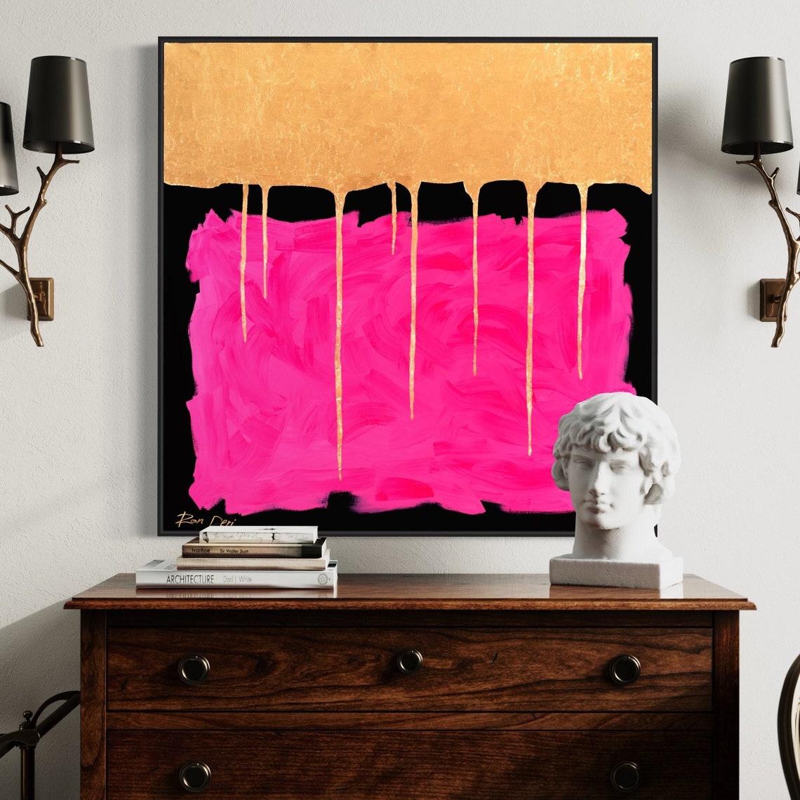Gold Drip Over Hot Pink Modern Abstract Painting By Ron Deri Poster