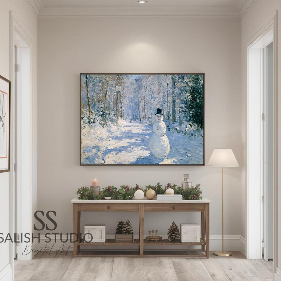 Snowman in a Snowy Winter Forest Impressionist Holiday Art Poster