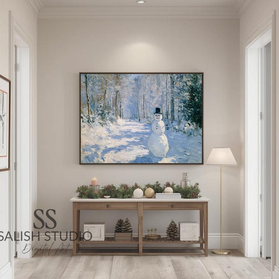 Winter Forest Snowman Print Serene Rustic Landscape