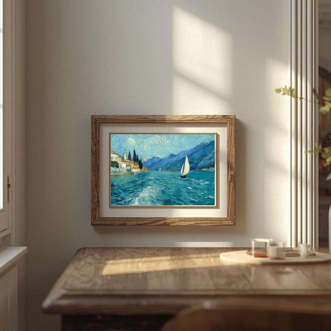 Van Gogh Style Sailboat Lake Village Church Tower Seascape Poster
