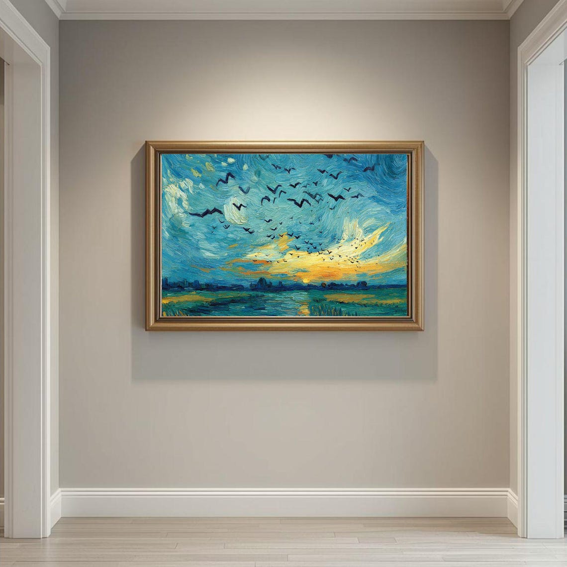 Van Gogh Style Dramatic Bird Flock Over Sunset Wheatfield Poster