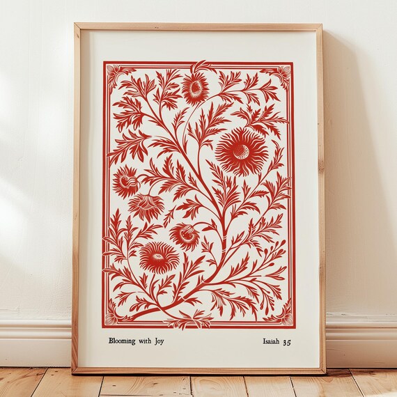 William Morris Inspired Christian Art Print Red Botanical Scripture