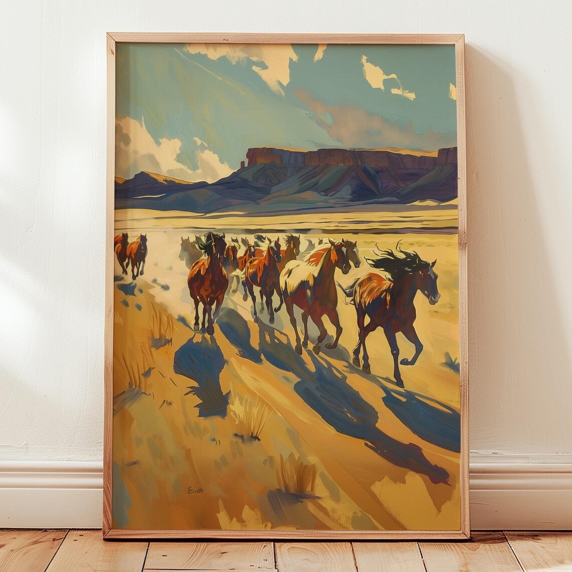 Wild Horse Stampede Running Herd Desert Mesa Western Art Poster
