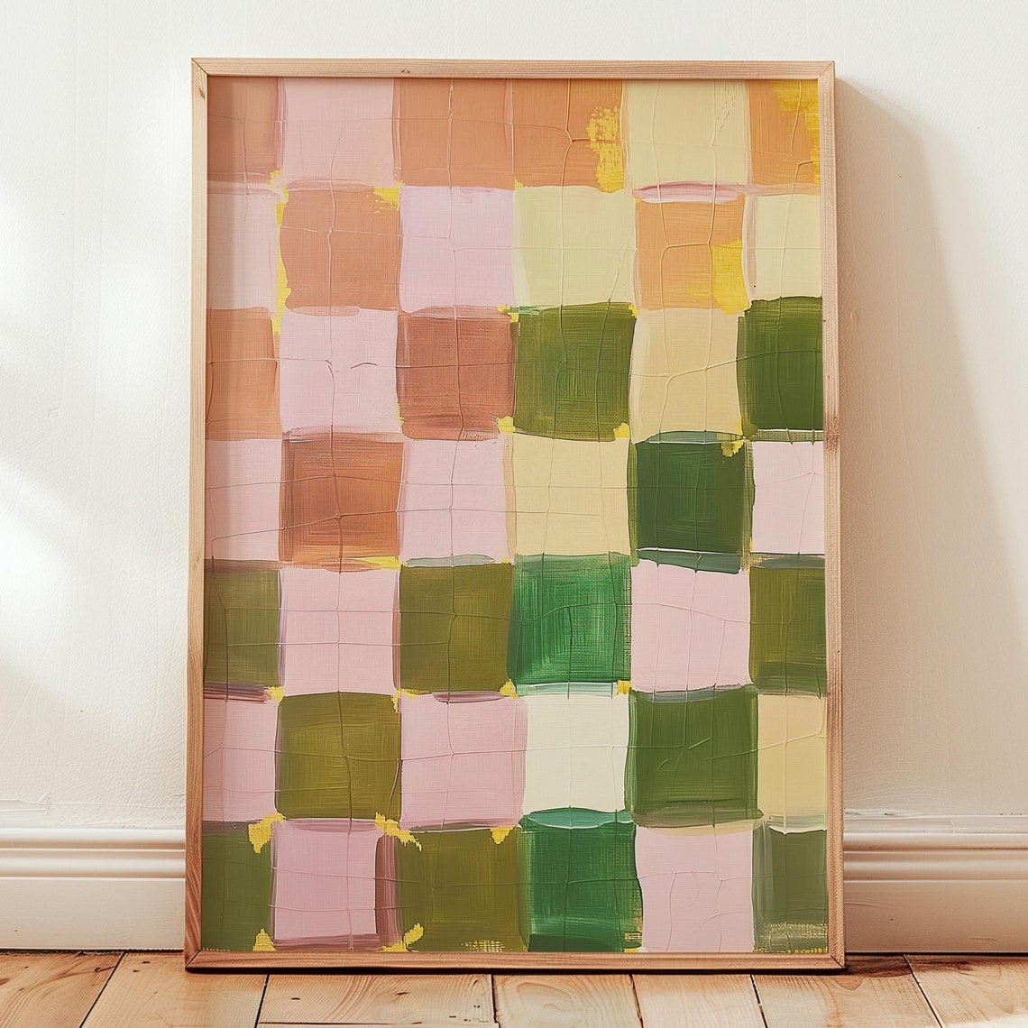 Pink and Green Checker Painted Squares Modern Abstract Wall Art