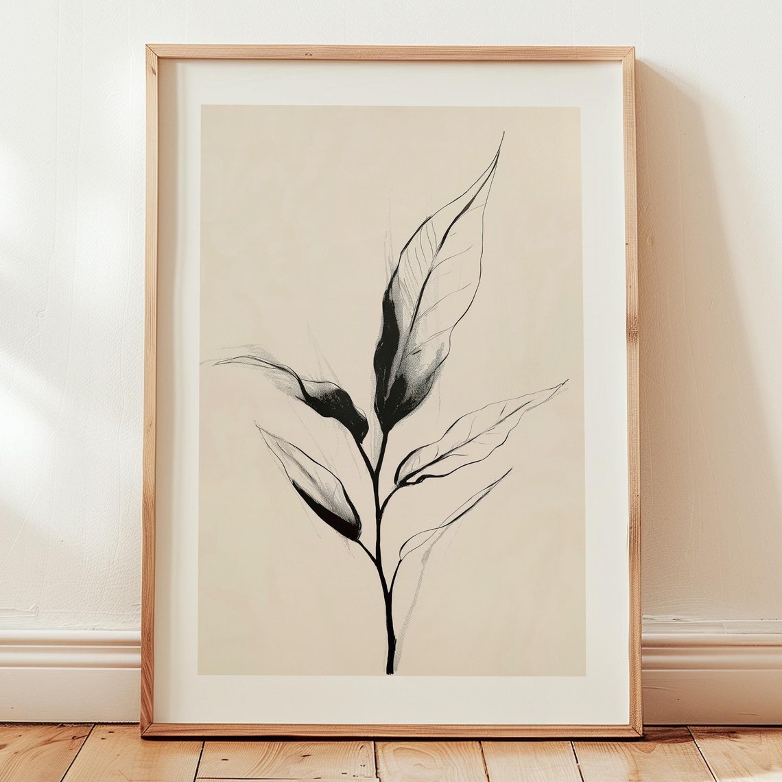 Minimalist Black and White Leaf Sketch Botanical Line Art Poster