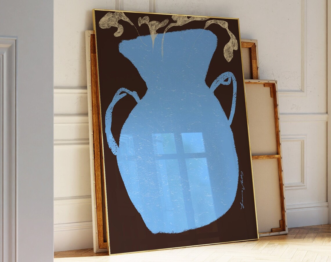 Blue Vase Abstract Floral Painting On Black Background Art Poster
