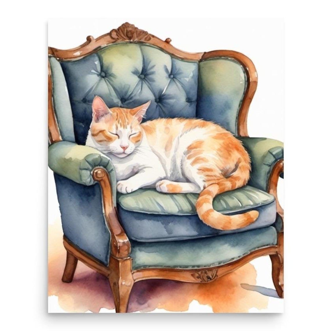 Cat Painting Ginger Cat Sleeping On An Armchair Watercolor Art Print Pet Portreit Wall Art Animal Artwork Animal Lovers Gifts