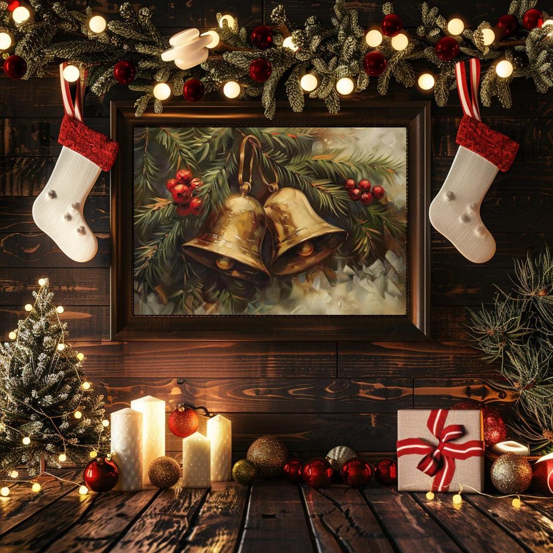 Brass Bells Vintage Christmas Print Christmas Jingle Bells Christmas Wall Art Winter Print Christmas Oil Painting Holiday Art 210 - Image 2