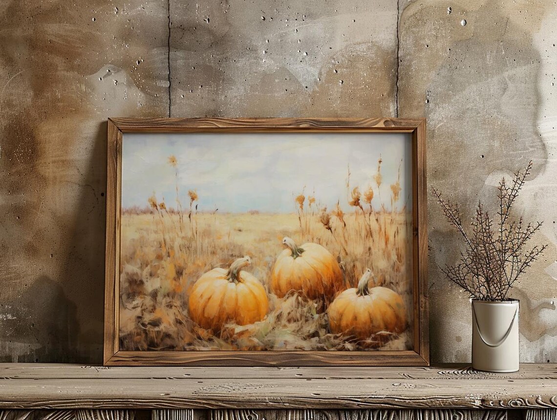 Golden Pumpkin Field Harvest Fall Landscape Vintage Oil Painting Poster - Image 2