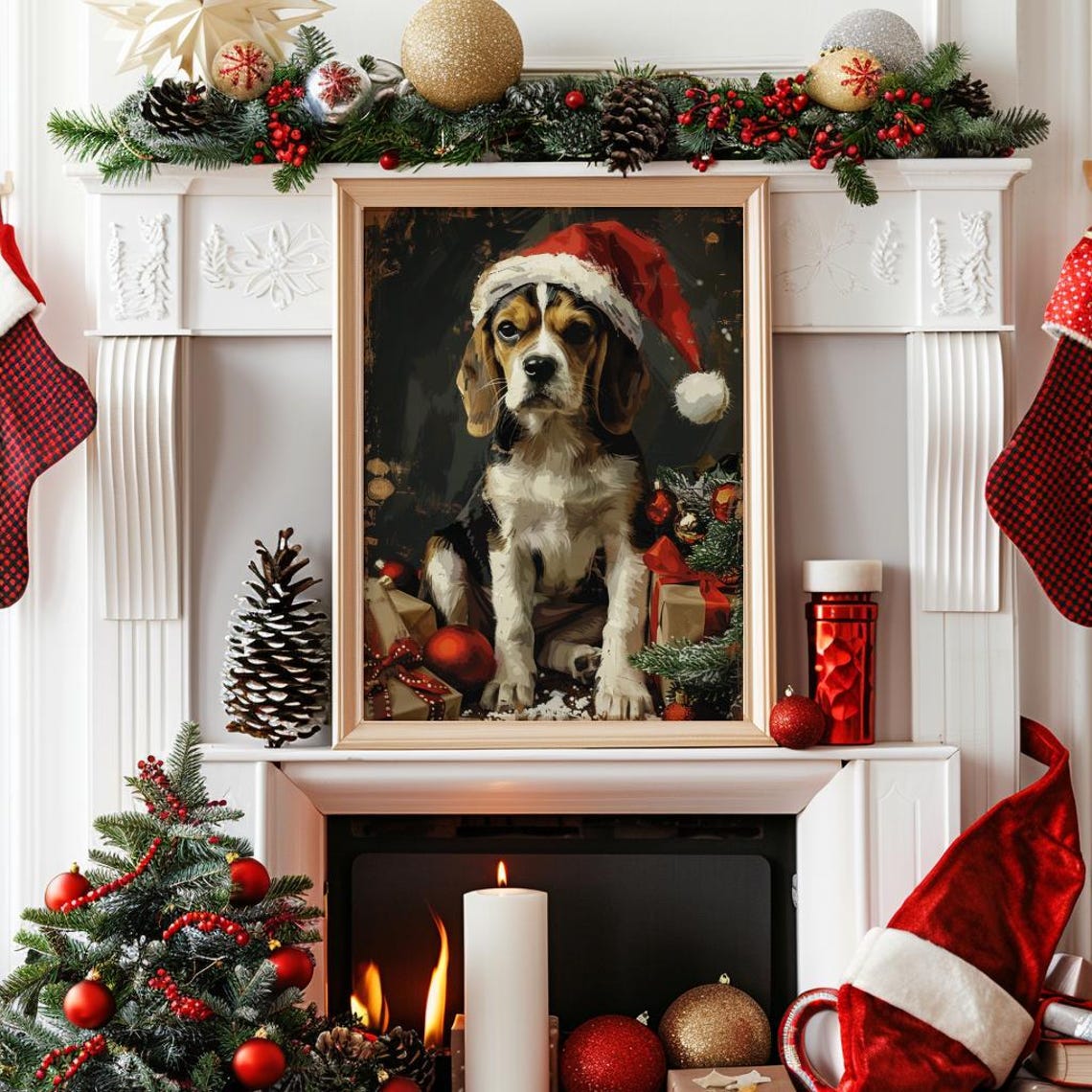 Christmas Dog Wall Art Print Santa Dog Painting Christmas Beagle Christmas Puppy Christmas Holiday Decor Santa Pet Art 185 - Image 4