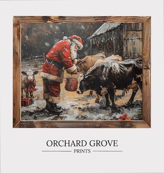 Santa Cows Christmas Farmhouse Vintage Art Print