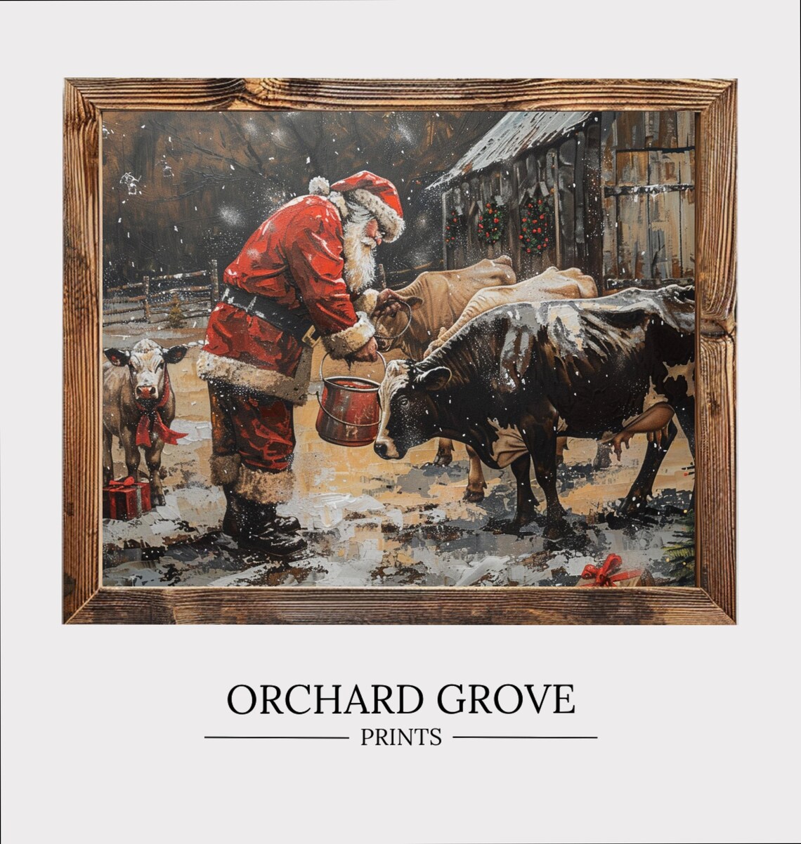 Santa Cows Christmas Farmhouse Vintage Art Print