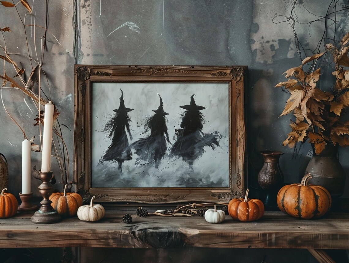 Three Witches Silhouette Misty Black White Spooky Witchy Halloween Art Poster - Image 4