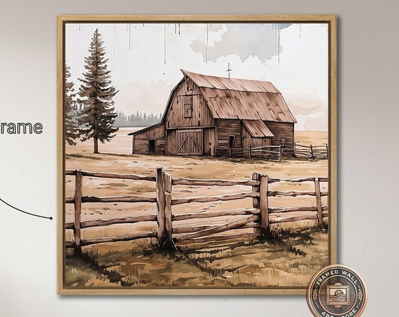 Rustic Wooden Barn Framed Wall Art Rural Landscape Watercolor Painting Print Vintage Farmhouse Decor Countryside Poster Ready To Hang