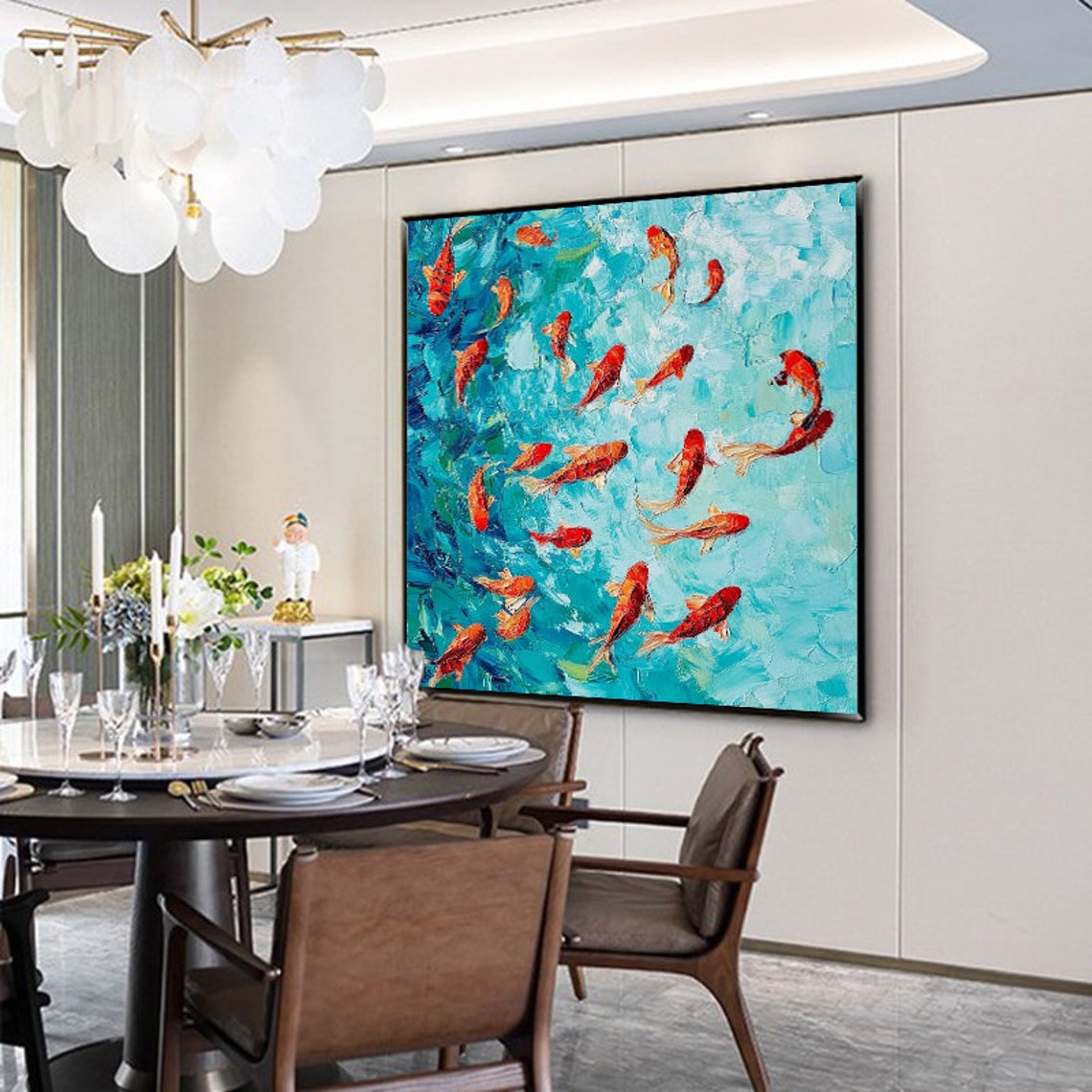 Red Koi Fish Swimming In Sparkling Turquoise Water Impasto Art Poster - Image 5