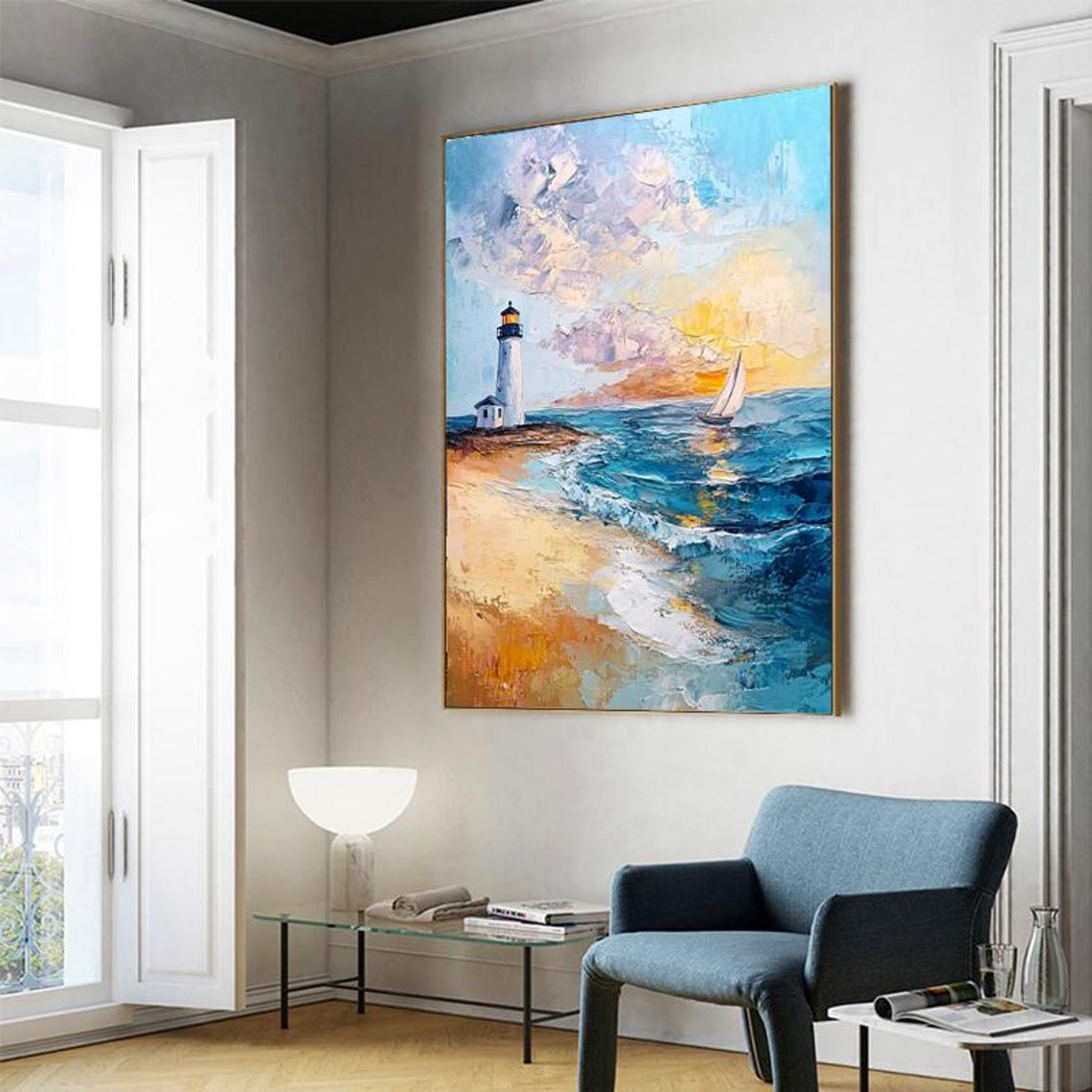 Classic Coastal Lighthouse at Sunset With a Sailboat Scene Poster - Image 5
