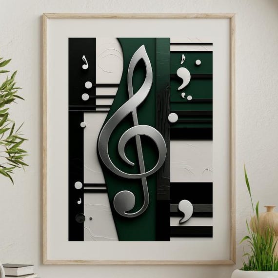 Modern Abstract Music Notes Poster Midcentury Wall Art Bold Geometric Shapes Musical Symbols Green Silver Artwork Jazz Inspired Decor