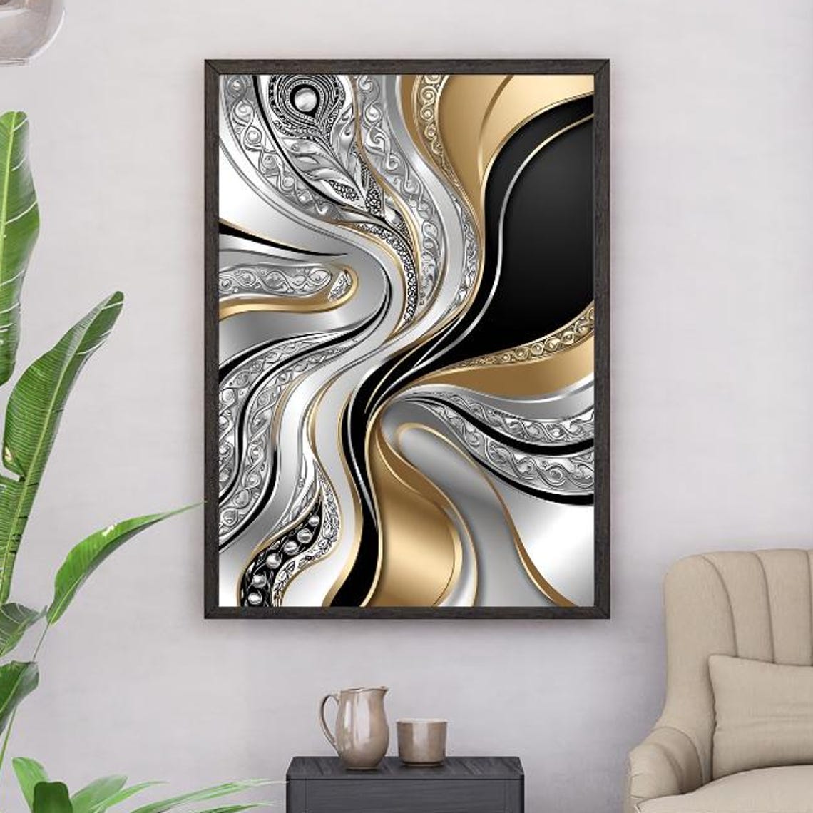 Black Gold Silver Metallic Ribbon Swirls Abstract Art Poster
