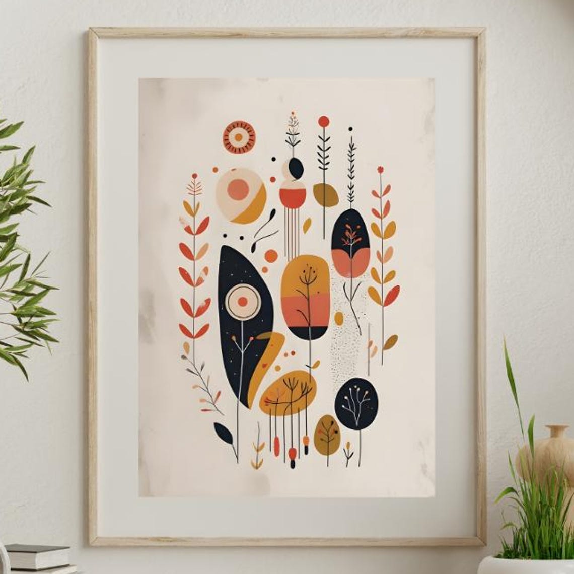 Scandinavian Botanical Poster Navy Rust Abstract Leaf Pattern Artwork