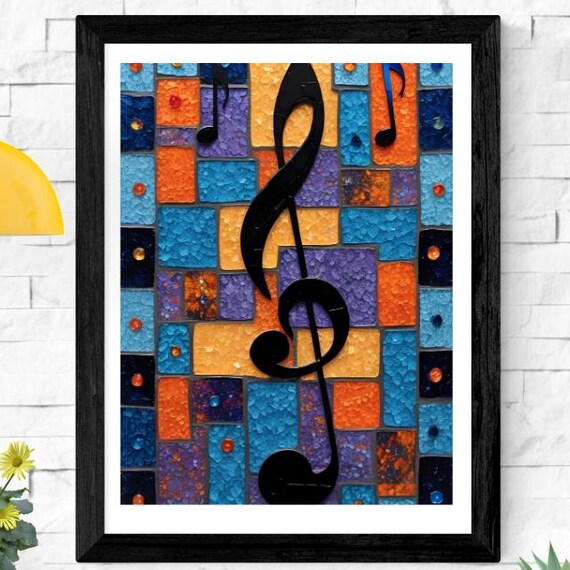 Mosaic Tile Music Art with Black Treble Clef Colourful Art Poster