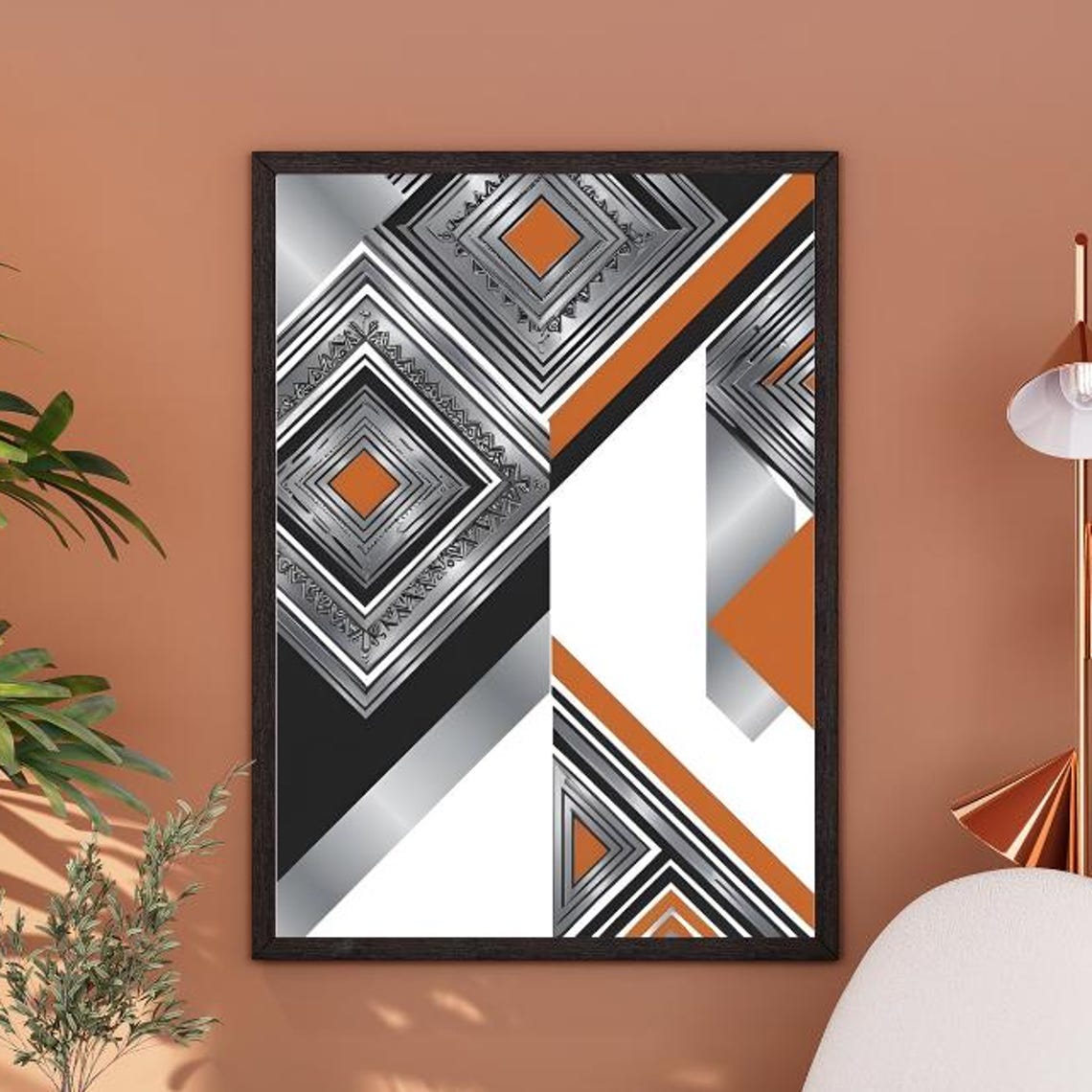 Orange Black Silver Geometric Diamonds Modern Abstract Poster