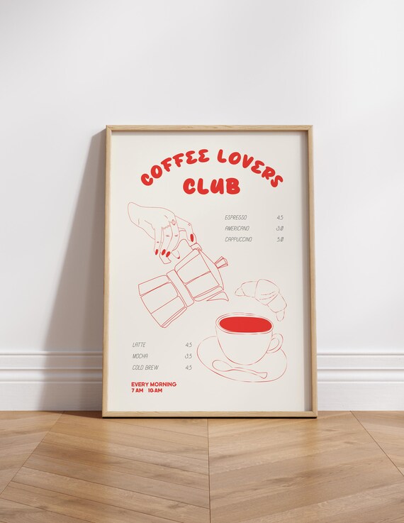 Coffee Lovers Club Print Hand Drawn Kitchen Print Coffee Lover Gift Kitchen Wall Prints Print Coffee Print