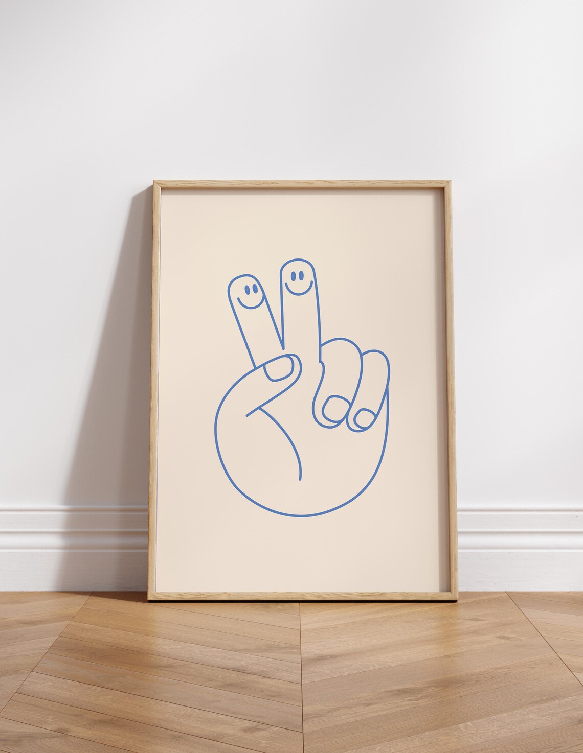 Blue Line Peace Sign Hand with Smiley Faces Minimalist Poster