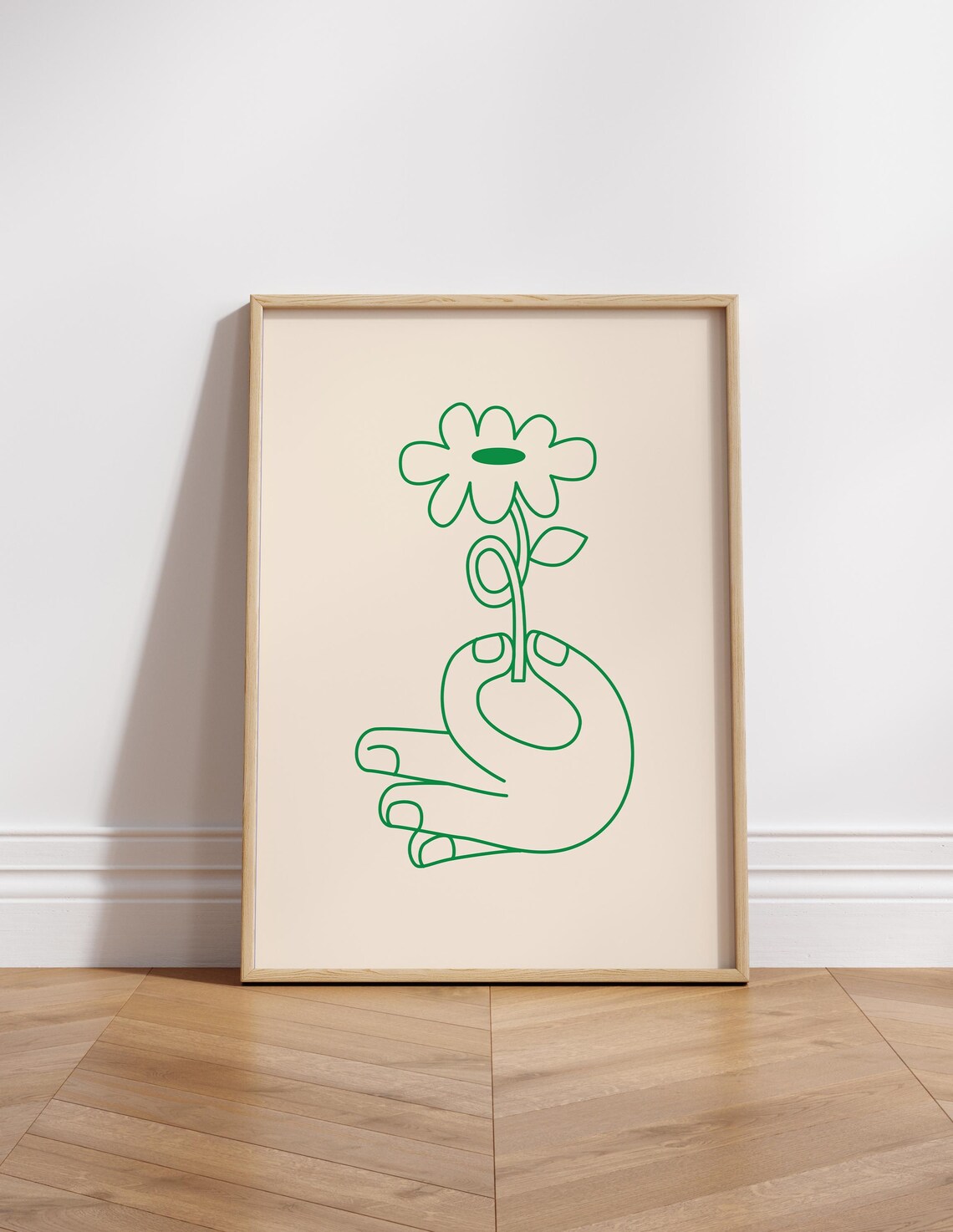 Green Line Art Hand Holding Flower Minimalist Botanical Poster