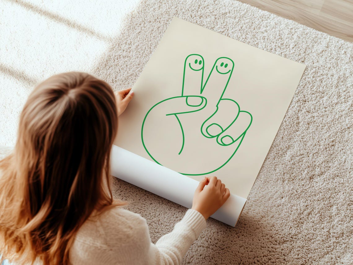 Green Line Peace Sign Hand with Smiley Faces Minimalist Poster - Image 2