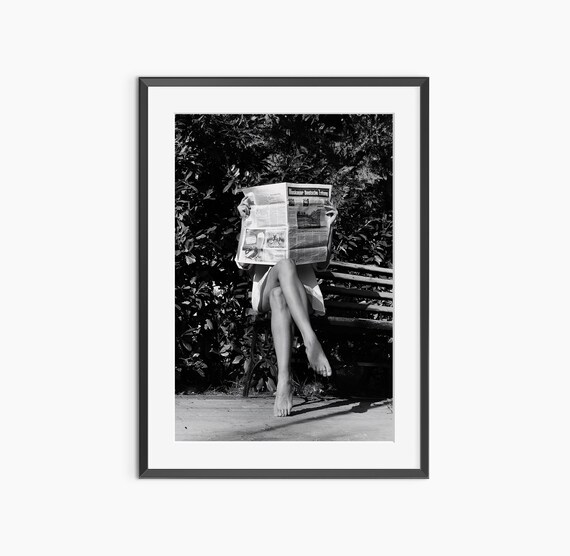 Woman Reading Newspaper Park Bench Black White Vintage Photo Poster