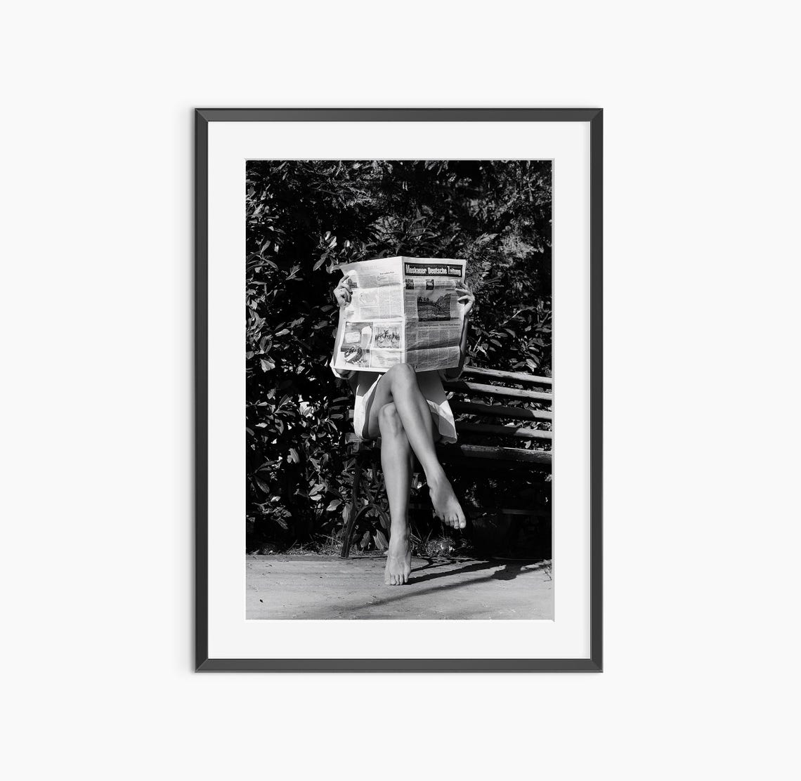 Woman Reading Newspaper Park Bench Black White Vintage Photo Poster