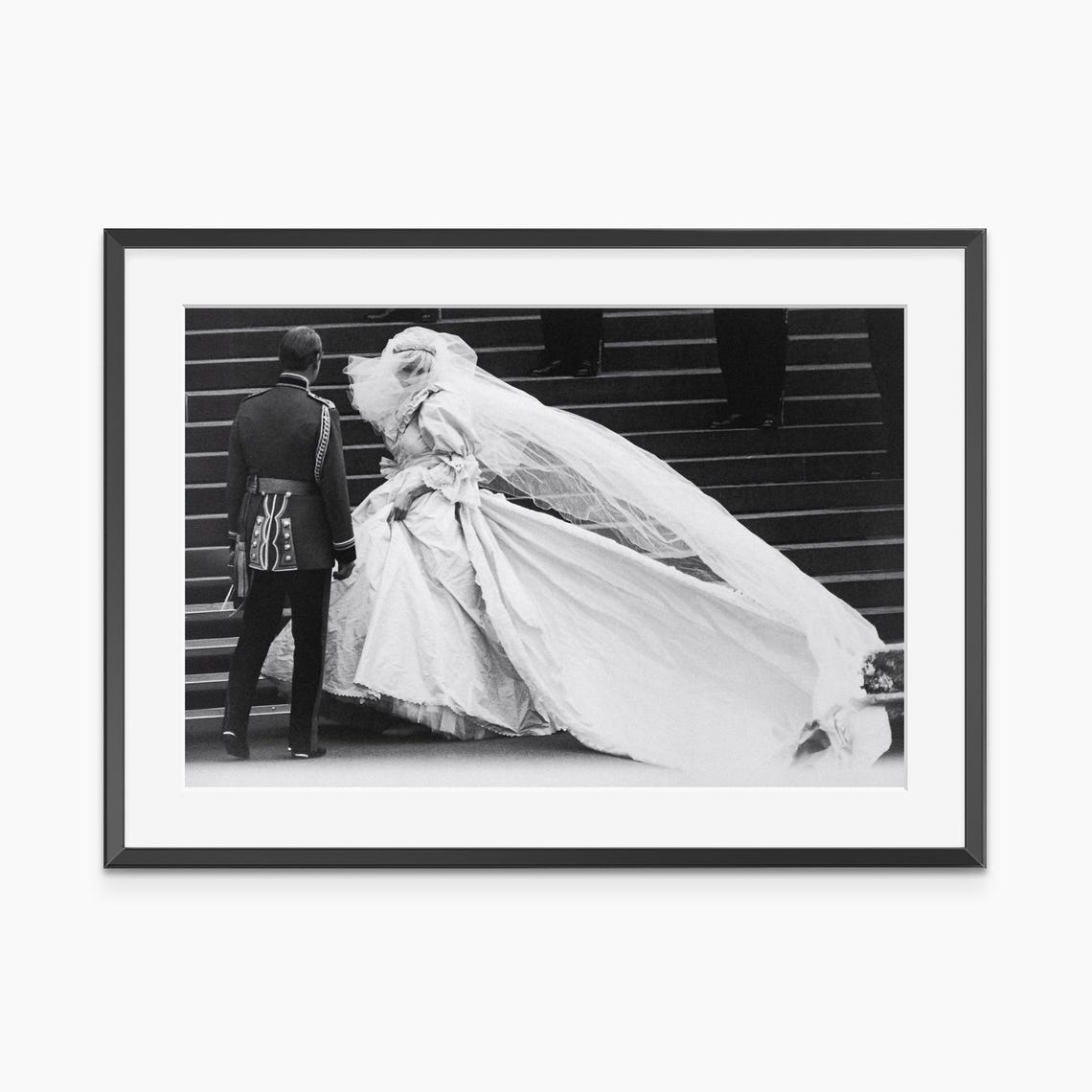 Princess Diana Wedding Dress Veil Steps Black White Photo Poster