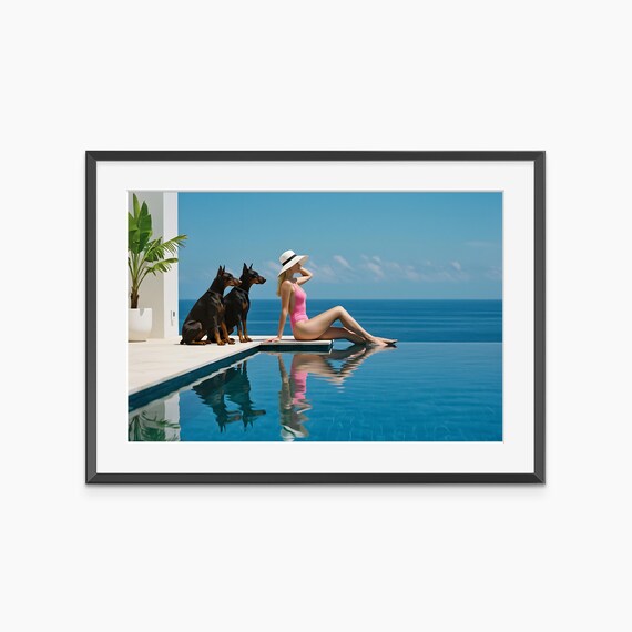 Woman With Two Dobermans Infinity Pool Luxury Lifestyle Photo Print