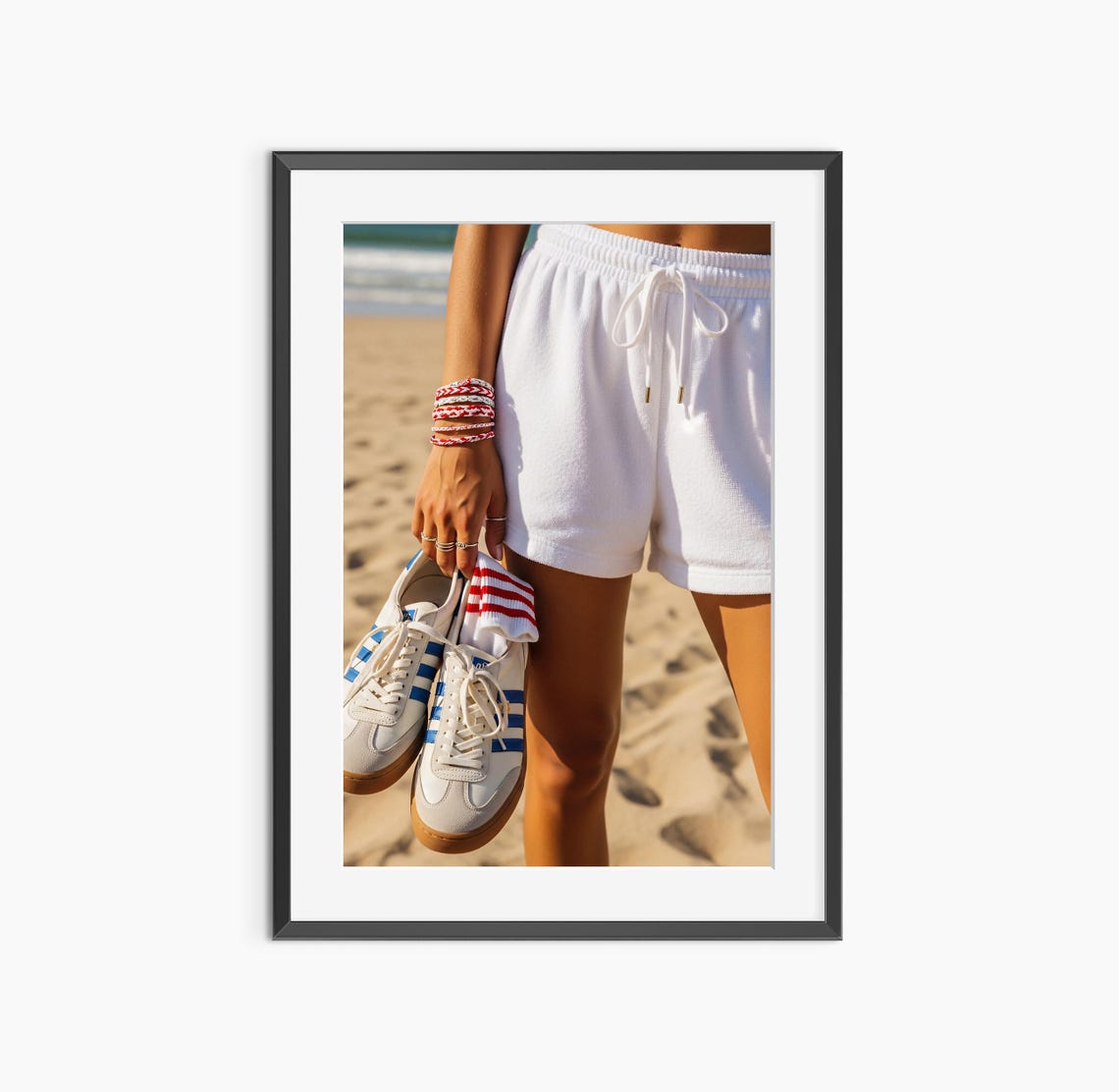 Woman Holding Sneakers on Beach Summer Fashion Lifestyle Photo Poster