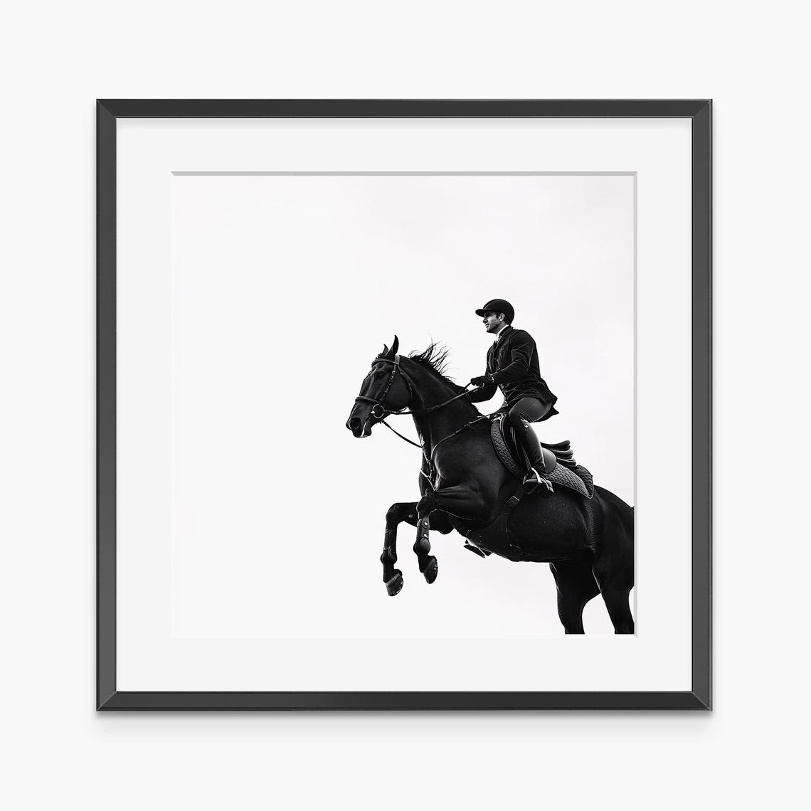 Black and White Equestrian Horse Jumping Minimalist Photography Poster