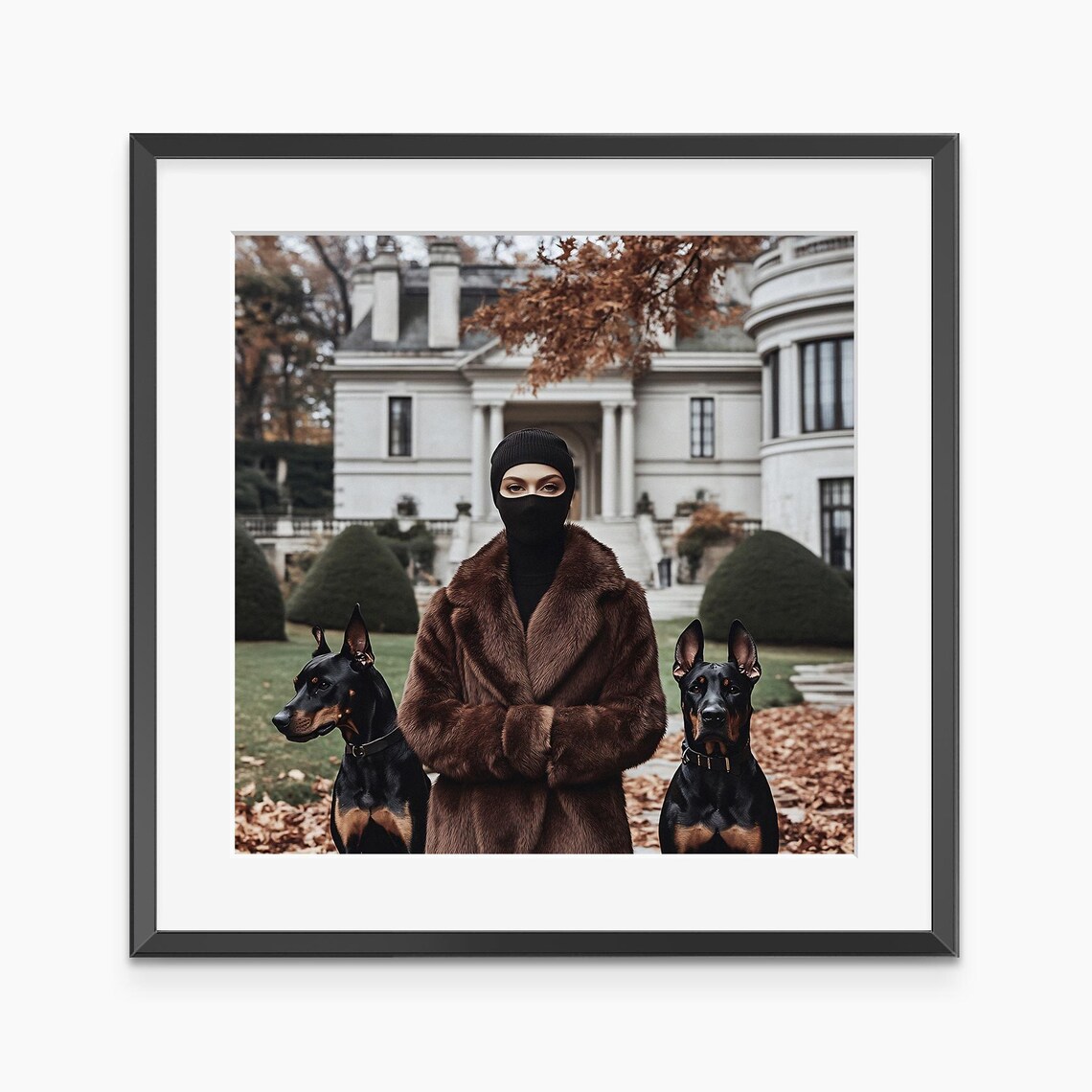 Woman In Fur Coat With Two Dobermans Autumn Mansion Fashion Poster