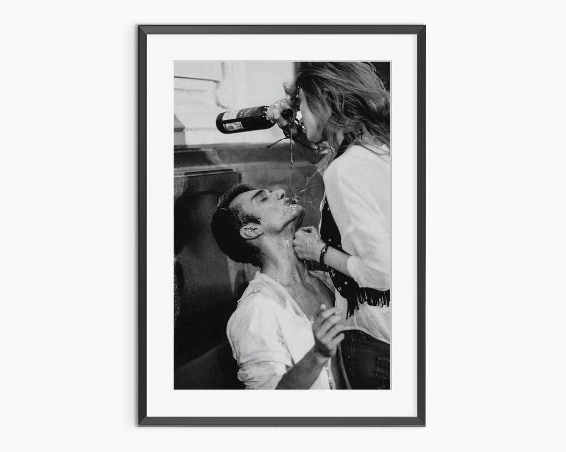 Playful Couple Wine Pour Moment Black And White Photography Poster