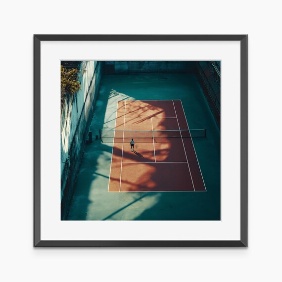Lone Tennis Player Urban Court Aerial Teal Clay Sports Photo Print