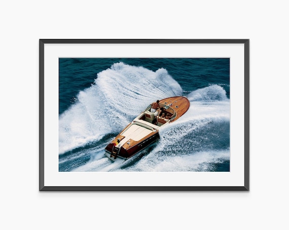 Classic Wooden Speedboat Racing Wave Aerial Photo Art Poster