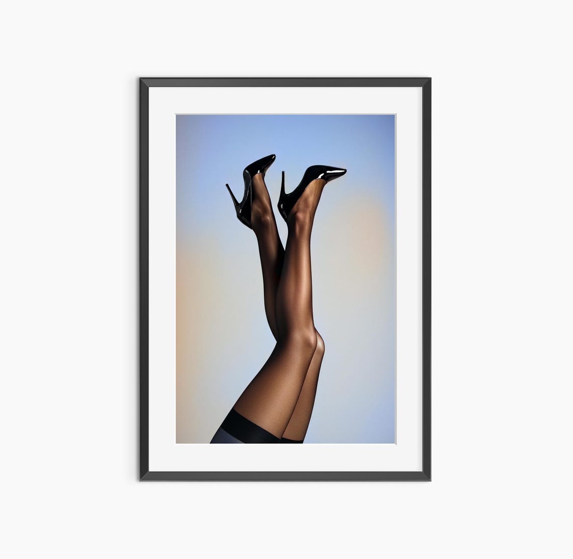 Black Stiletto Heels Raised Legs Blue Background Fashion Poster