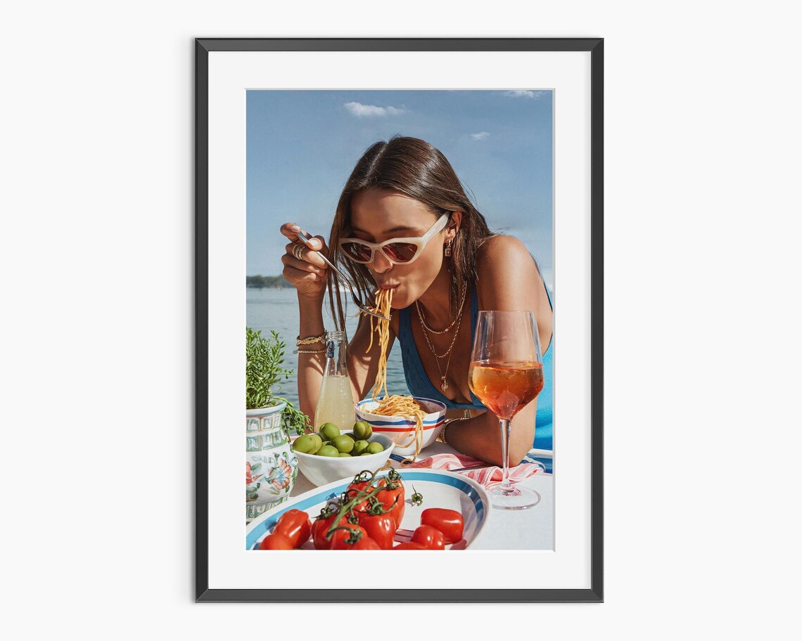 Woman Eating Spaghetti Waterfront Summer Italian Lifestyle Photo Poster