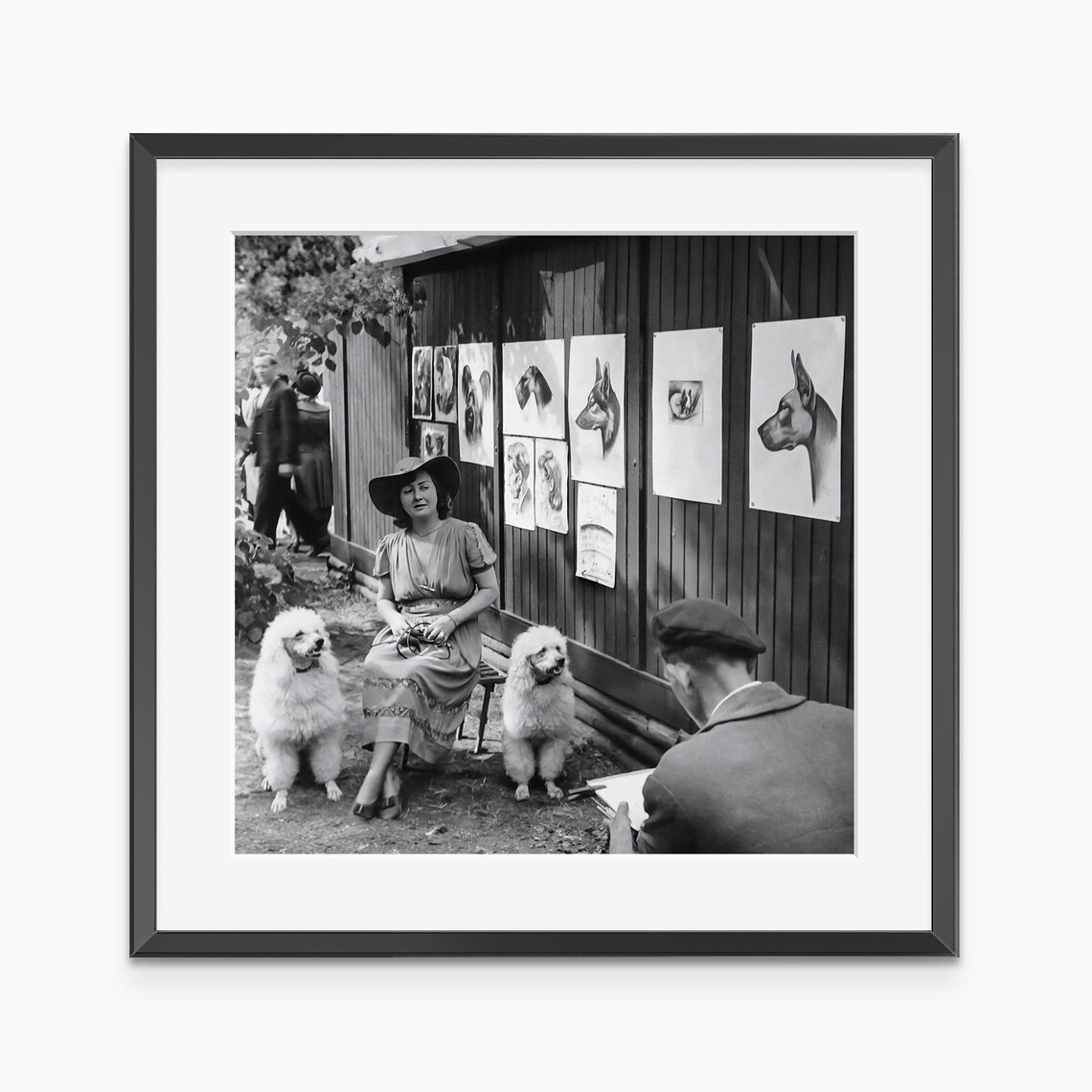 Vintage Dog Artist with Poodles Black and White Photo Poster