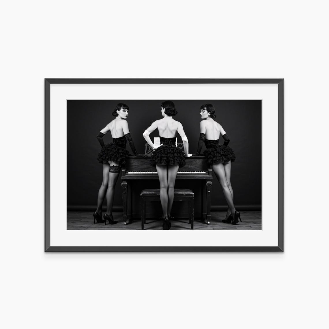 Three Burlesque Dancers Upright Piano Black White Photography Poster